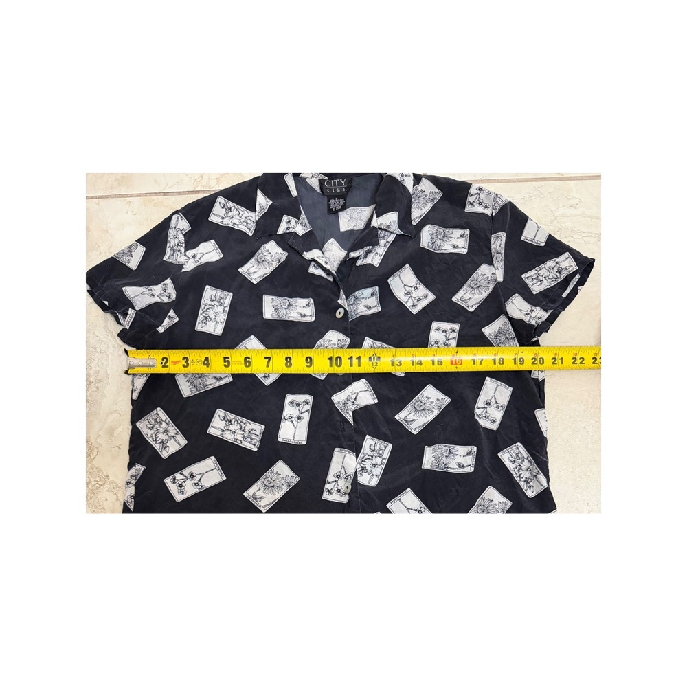 City Silk Womens 100% Silk Botanical Tarot Seed Packet Print Shirt Black Large - Picture 7 of 7